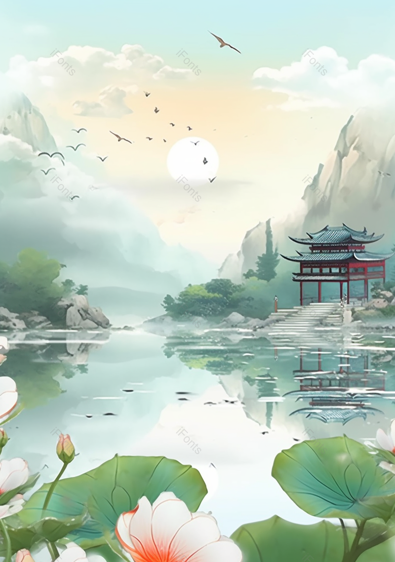 清荷莲语绿水青山楼阁插画,插画/手绘图,插画/手绘图库,插画/手绘图下载,插画/手绘